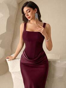 Coutiva 女士纯色方领无袖高端晚礼服，优雅奢华派对礼服 - 酒紅色 - 查看 7