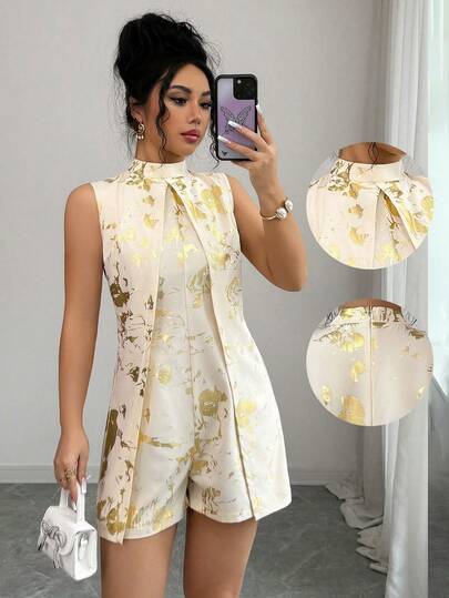 Selianne Damski, swobodny, minimalistyczny kombinezon bez rękawów z kołnierzykiem zdobionym złotą folią i rozcięciem u dołu