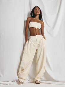 MUSERA Straight Square Neck Bandeau Shirred Back Top With Mid Rise Side Pleated Panel Balloon Tapered Leg Trouser Coord Sold As Set Cute Holiday Sexy Night Out Vacation Spring Summer Elegant Soleil Drape - Khaki - View 3