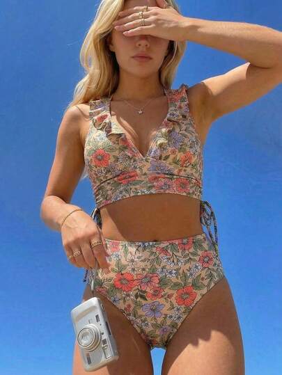 Swim Mod Women's Ditsy Floral Spaghetti Strap Vest And Bikini Set, Romantic Beach Holiday Casual