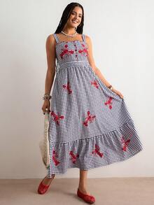 Freevana 大码女式杏色热带花卉印花连衣裙，长吊带连衣裙，适合早春穿着 - 黑與白 - 查看 3