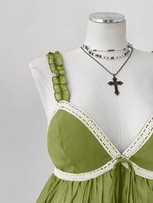 Sunspun Nueva llegada Elegante y dulce Tops para salir, Acento de lazo, Camisa de camiseta corta con volantes de dobladillo de moño, de gasa y encaje, para primavera/verano/otoño - Verde Oliva - Ver 6