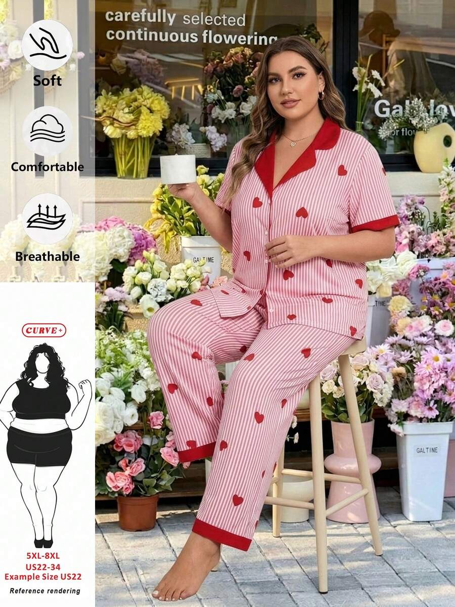 SHEIN CURVE+ 加大码女式条纹印花衬衫裤套装，情人节特惠，百搭秋季女装，冬季必备，加大码 - 粉色 - 查看 1