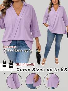 SHEIN CURVE+ Plus Size Casual Solid Color Pocket Shirt, Suitable For Commuting, Autumn - Mauve Purple - View 8