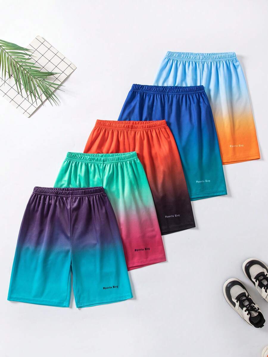 SHEIN Fantacosmos 5条装青少年男童休闲运动风渐变网眼面料及膝短裤，适合日常穿着和户外活动，夏季
