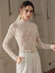Anewsta Women's Elegant Romantic Floral Lace Splice High Neck Long Sleeve Slim Fit Blouse, White T-Shirt, Suitable For Dating, Evening Parties And Parties - Apricot - View 6
