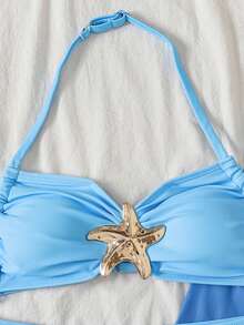 SHEIN Tween Girl Vacation 3pcs Blue Starfish Metal Button Bikini 3 Pieces Set, Beach Holiday - Blue - View 6