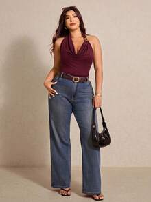 Elaquor Plus Size Women Fashion Solid Color Halter Backless Top - Burgundy - View 3