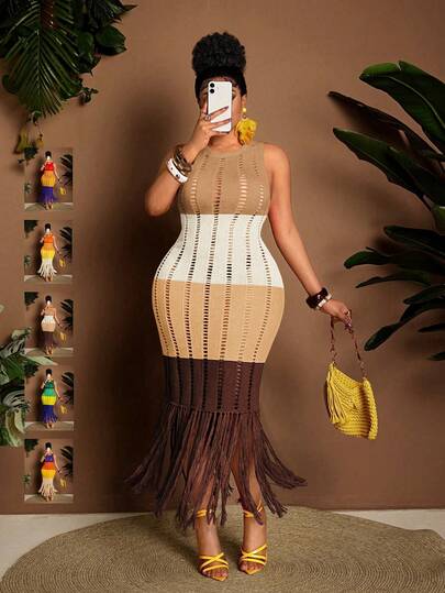 Maweii 大码女式毛衣连衣裙，多色可选，黄色、橙色、紫色，无袖，圆领，流苏，镂空设计，显瘦性感，女士针织连衣裙，女士外套，春季、夏季、度假必备。