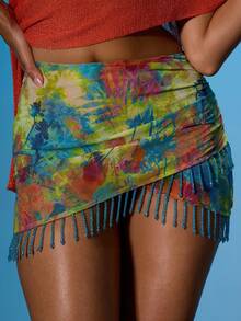 MUSERA 印花裹身褶皱串珠下摆迷你裙，夏季性感外出海滩度假伊比沙岛俱乐部热带风情 - 彩色 - 查看 1