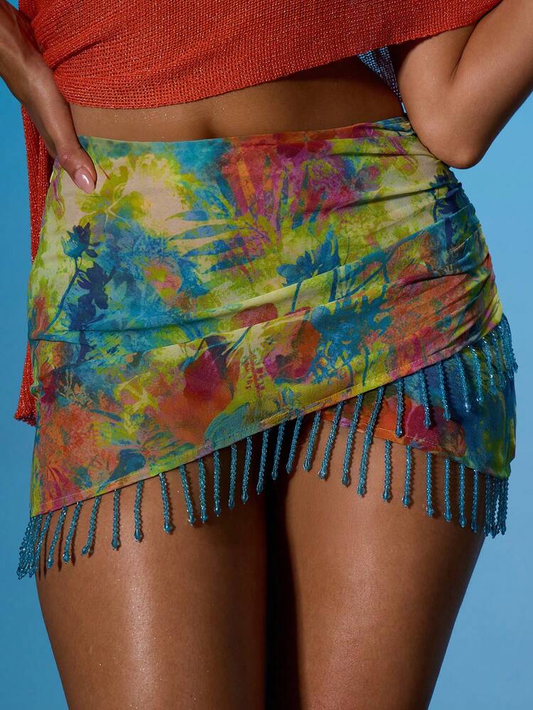 MUSERA Printed Wrap Over Ruched Beaded Hem Mini Skirt Summer Sexy Going Out Beach Holiday Ibiza Club Tropical Fever Vacation - Multicolor - View 1