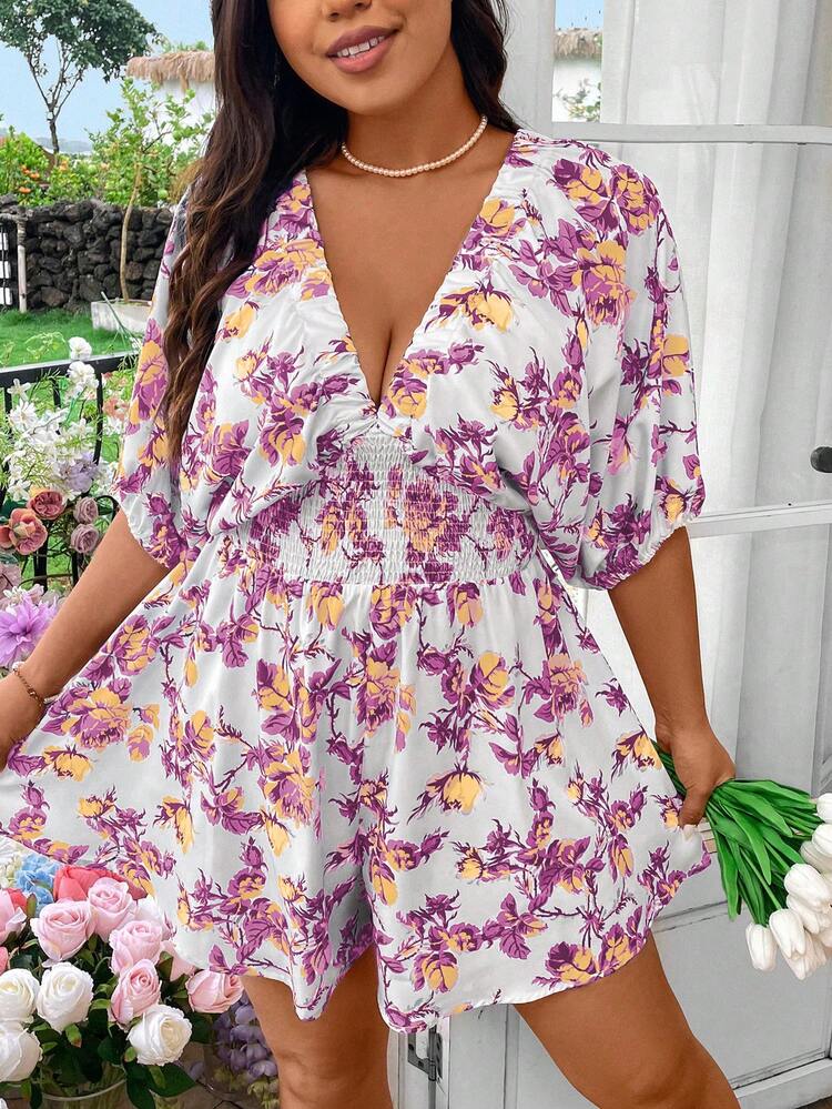 Flirla Plus Size Floral Print Batwing Sleeve Jumpsuit - Multicolor - View 7