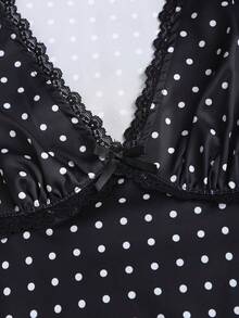 Sweetra Áo kiểu nữ thời trang mới, đa năng, chất liệu satin chấm bi, không tay, viền ren. - Đen và trắng - Xem 4