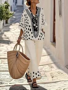 Rusticease 2pcs Women Casual V-Neck Printed Top & Pants Set - Multicolor - View 1