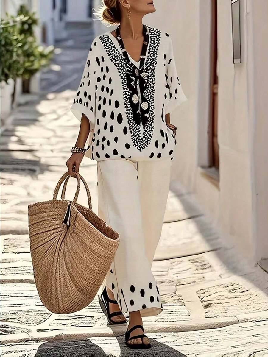 Rusticease 2pcs Women Casual V-Neck Printed Top & Pants Set - Multicolor - View 1