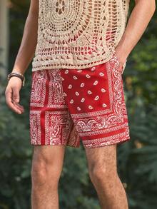 Open Phase Men's Holiday Beach Paisley Printed Drawstring Waist Shorts - Red - View 1