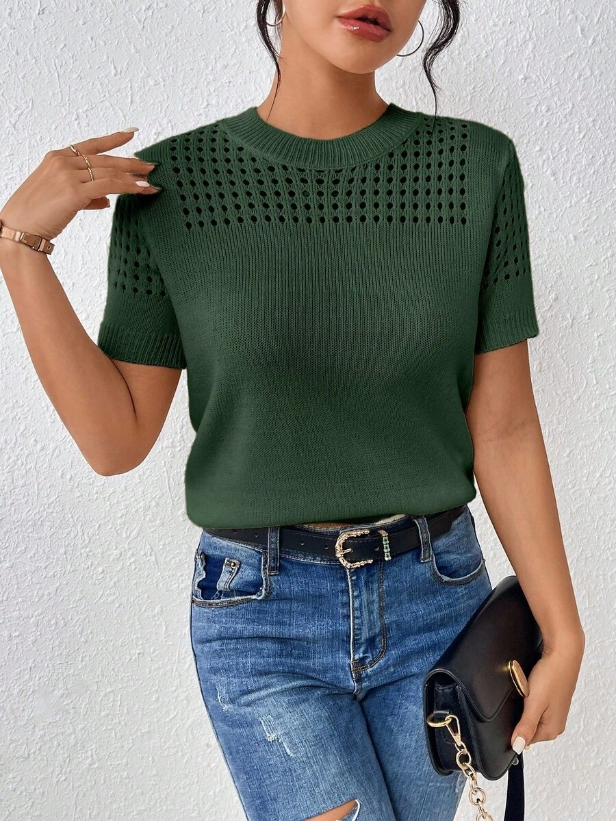 EMERY ROSE Women's Round-Neck Solid Color Short-Sleeved Knitted Top For Summer For New Year Clothes - Dark Green - View 1