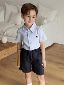Dazy Kids Young Boy Striped Print Button-Front Shirt And Slant Pocket Shorts Suit, Gentleman Outfit - Blue - View 3