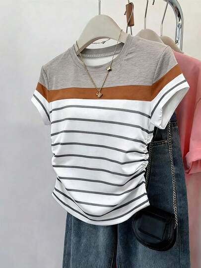 Resyla Camiseta deportiva casual para mujer, nueva llegada de verano, diseño de rayas y estampado, ajuste ceñido a la cintura, adecuada para volver a la escuela, Día del Maestro