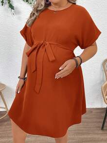 Plussiva Plus Size Maternity Casual Vacation & Commute Solid Color Batwing Sleeve Belted Loose Dress, Summer - Rust Brown - View 1