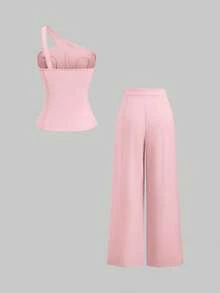 Sweetra 春夏新款女士复古性感收腰百搭舒适休闲优雅高端套装 - 粉色 - 查看 2