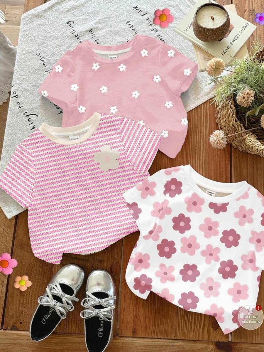 SHEIN LMoss Kids 3件套可爱卡其色碎花、米白色、粉色条纹、粉色圆领短袖基础款T恤,适合日常穿着、居家、度假、搭配,轻松舒适,可叠穿,时尚女孩,休闲装,儿童碎花图案服装,时尚秋季,时尚冬季,新款,清凉舒适 - 彩色 - 查看 1