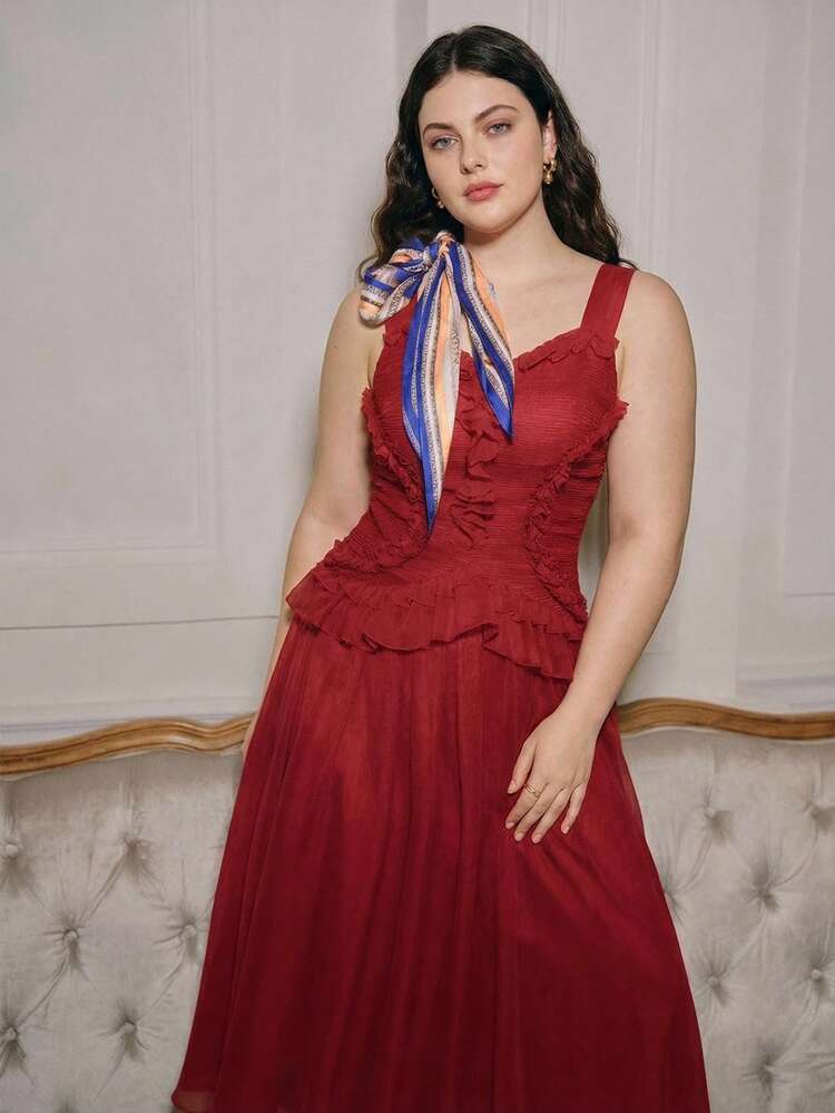 Plus Size Women Elegant Vacation Dress, Summer Sleeveless Pleated Frill Trim Waist Flared Red Dress