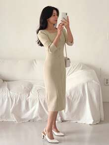 DAZY Women's Square Neck Fitted Waist Short Sleeve Midi Commuter Dress - Khaki - View 7