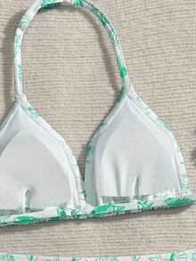 SHEIN Tween Girls Bikini Sets, Cute Knitted Digital Seashell & Starfish Print Fabric Swimwear 2 Pieces Set, Halter Design, Fashionable European And American Elegant Lady Style, Suitable For Swimming, Vacation, Summer Seashell Print Bikini Halter Bikini Set Women's Swimwear Green And White Bikini 2 Pieces Swimsuit Bikini Set Summer Beach Summer Outfits For Women Swimsuit Spring Summer Picks Bathing Suits For Teens Full Coverage - Green - View 5