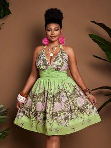 Maweii Halter Neck Sexy Leopard Print Vacation Beach Dress - Green - View 4