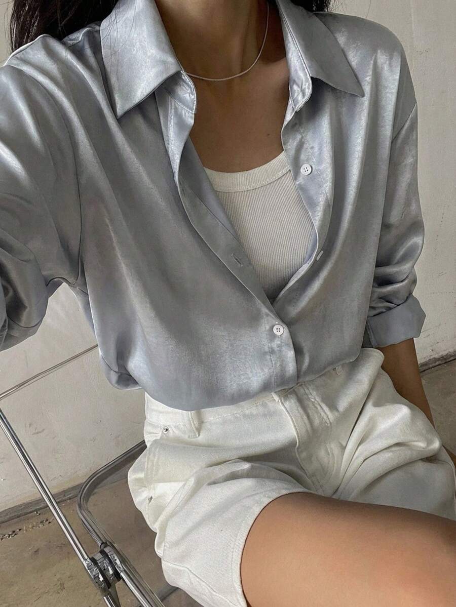 DAZY 女士纯色单排扣休闲百搭日常长袖衬衫 夏季 - 藍色 - 查看 1