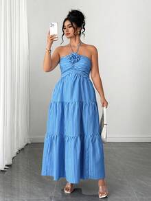 Elenzga Women's Fashionable Elegant Halter Backless Tie Strap Striped Dress - Blue and White - View 4