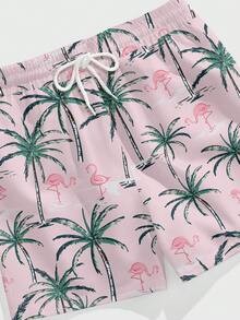 Manfinity RSRT 男士沙滩短裤，网眼内衬，热带粉色椰子和火烈鸟印花，度假风 - 彩色 - 查看 4