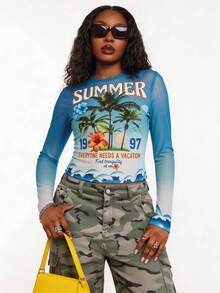 Radiana Plus Size Women's Light Blue Autumn 90s Vacation Holiday Coconut Tree Ombre Print Sheer Mesh T-Shirt BOHO Y2k Beach Beach Vacation Music Festival - Multicolor - View 4