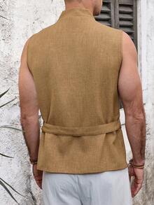 VENTUSAIL Men's Summer Casual Sleeveless Front-Open Shirt - Khaki - View 3