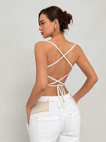 Aloruh Top de mujer blanco romántico y elegante con encaje halter y diseño sin espalda - Blanco - Ver 3
