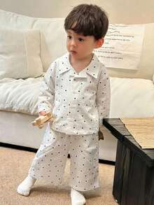 Hapijoa 2件套幼儿男童条纹爱心休闲长袖衬衫和裤子家居服套装，春秋季 - 白色 - 查看 2