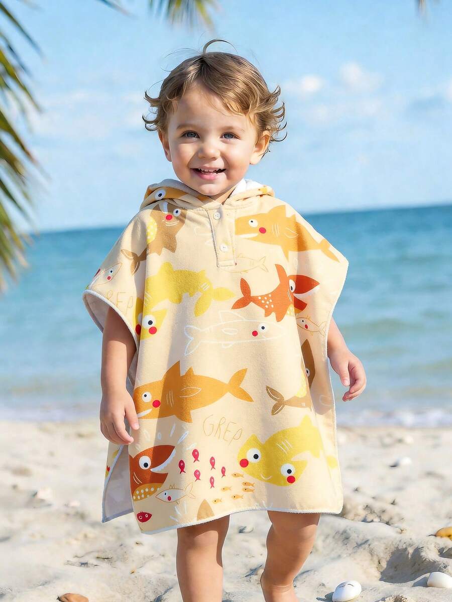 婴儿/幼儿男童蓝色卡通鲨鱼印花连帽罩衫浴巾，泳衣罩衫，浴袍，沙滩披肩，泳装必备，沐浴必备 - 黃色 - 查看 1