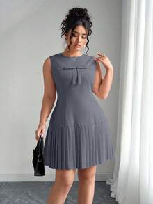 Elenzga Đầm midi không tay buộc eo kiểu công chúa thanh lịch cỡ lớn cổ tròn xếp ly vải lanh, thời trang & tôn dáng khi chụp ảnh, màu hồng - Xám - Xem 4