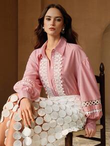 Anewsta 春季法式蕾丝拼接条纹女式衬衫 - 紅色 - 查看 5