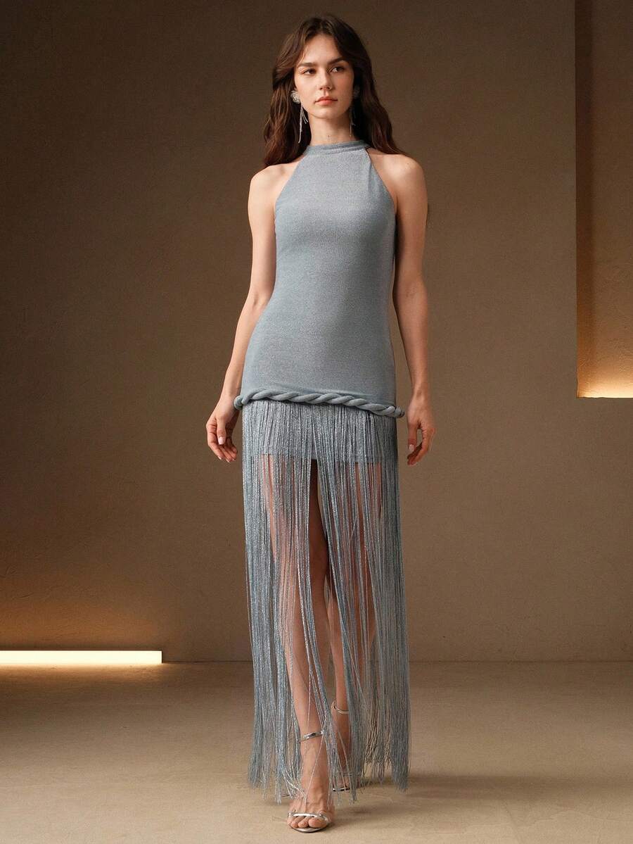 Anewsta 女士夏季套装，优雅浪漫约会派对海滩时尚：亚麻混纺露背流苏披肩上衣，搭配朦胧蓝色流苏长裙。适合度假、派对、约会、海滩等场合。 - 霧霾藍 - 查看 1