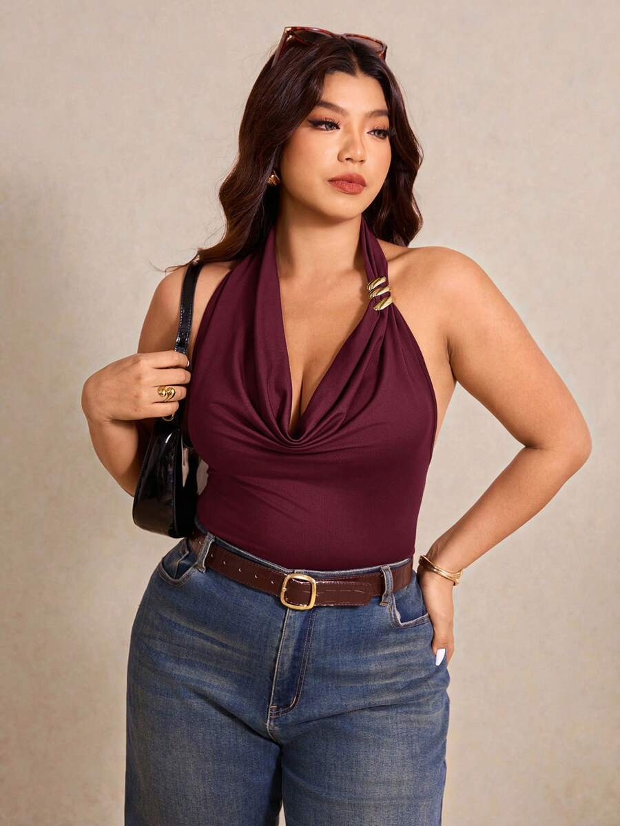 Elaquor Plus Size Women Fashion Solid Color Halter Backless Top - Burgundy - View 1