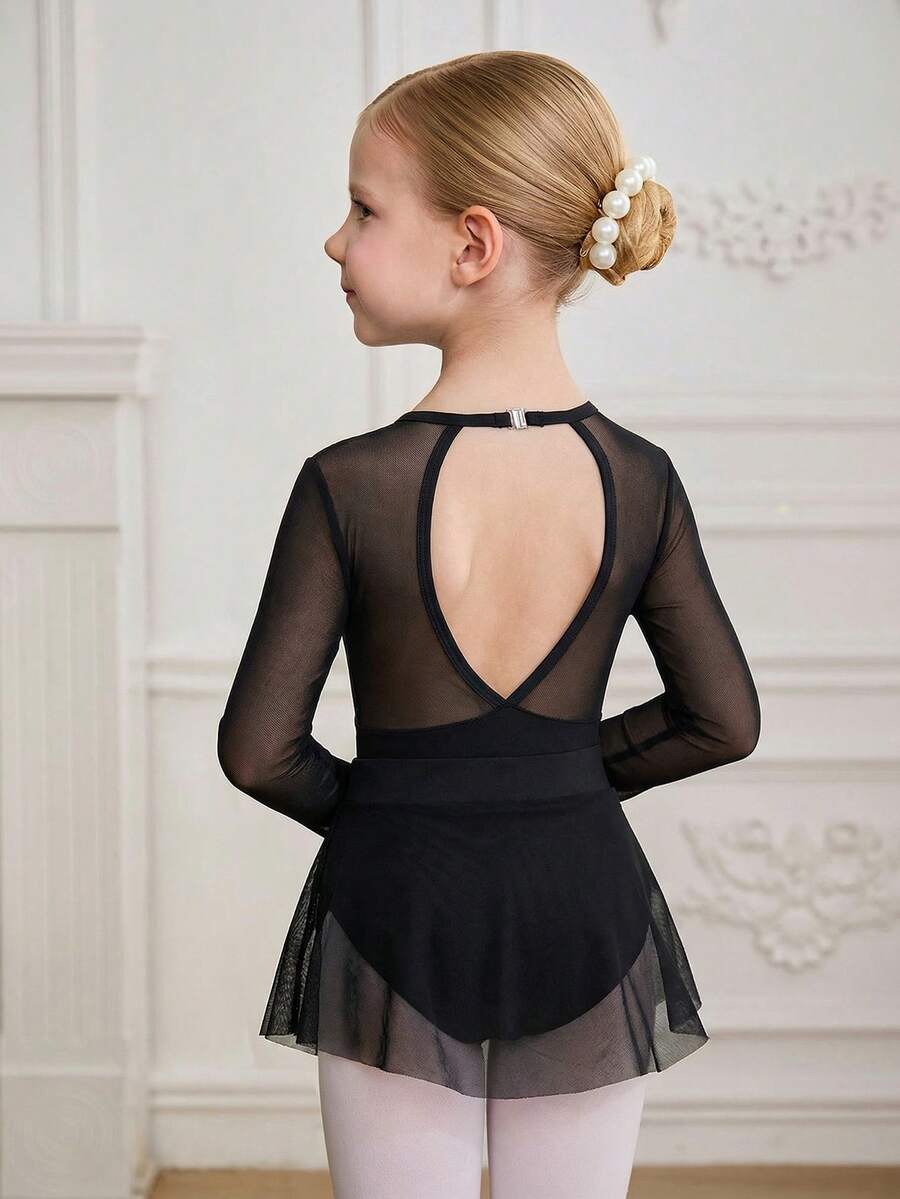 Young Girls White Long Sleeve Ballet Leotard + Skirt Set, High Stretch Snug Fit Activewear Dance Training Outfit - Black - View 1