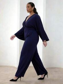 ELLERISSA 大码优雅扭结前襟和服式连体裤，藏蓝色阔腿连体裤，休闲正式连体裤，女士度假装，优雅正式装，度假装，高腰连体裤，晚礼服，派对连体裤 - 藏蓝色 - 查看 3