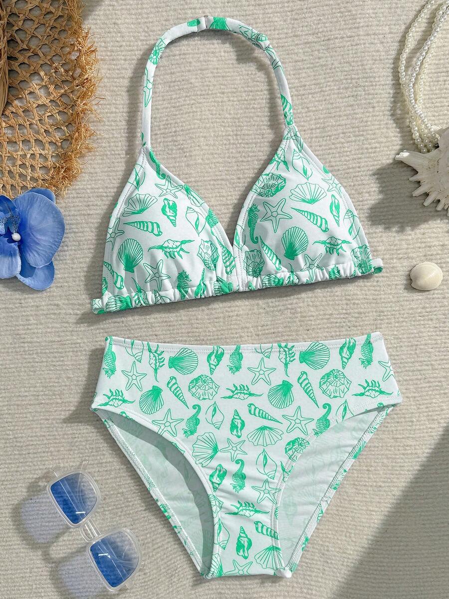 SHEIN Tween Girls Bikini Sets, Cute Knitted Digital Seashell & Starfish Print Fabric Swimwear 2 Pieces Set, Halter Design, Fashionable European And American Elegant Lady Style, Suitable For Swimming, Vacation, Summer Seashell Print Bikini Halter Bikini Set Women's Swimwear Green And White Bikini 2 Pieces Swimsuit Bikini Set Summer Beach Summer Outfits For Women Swimsuit Spring Summer Picks Bathing Suits For Teens Full Coverage - Green - View 1