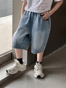 Dazy Kids Pantalones cortos vaqueros sueltos de verano informales para niños preadolescentes con bloques de color lavados y bolsillos parche - Azul - Ver 6