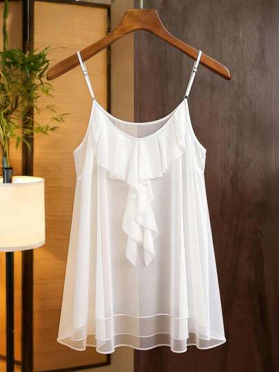 GlowEve CURVE Plus Size Women's Elegant Chiffon Ruffle Trim Asymmetrical Camisole, Suitable For Daily Commute, Slimming, Versatile, Suitable For Outings, Parties, Photos, Vacations