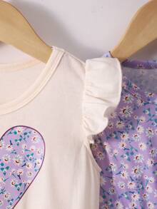 2pcs/Pack Young Girl Lilac Ditsy Flower Flutter Sleeve Dresses - Mauve Purple - View 6