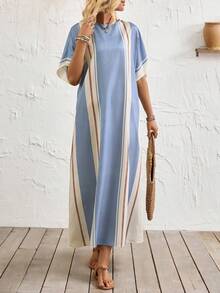 Breezaya 时尚度假宽松休闲圆领短袖H字修身优雅蓝白条纹连衣裙，适合春夏穿着 - 彩色 - 查看 4