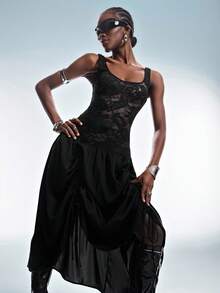 Aveloria GENKIRA Black Lace Patchwork Ruched Hem Versatile Drawstring Asymmetrical Hem Sleeveless Dress, Casual Mix-And-Match Sexy Sheer Midi Dress - Black - View 6